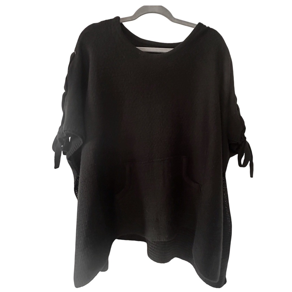 Madden NYC OSFM Black Knit Poncho Sweater Pullover Tie Sleeve Pocket Casual